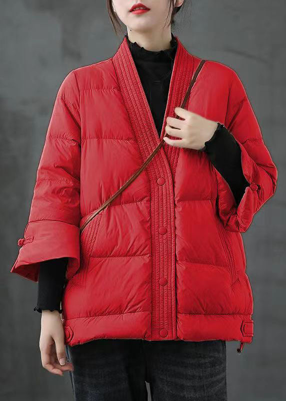 Red V Neck Button Thick Winter Duck Down Jackets