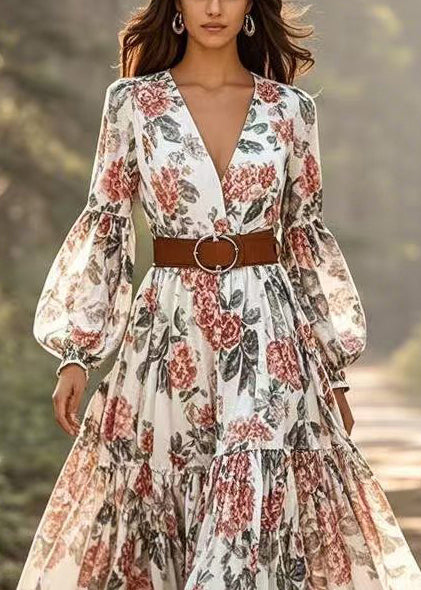 Style Print Exra Large Hem Cotton Party Dress Lantern Sleeve