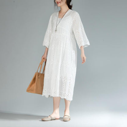 Baggy Cotton Sundress Two Pieces Set V Neck Three Quarter Sleeve White Dress