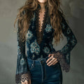 Comstylish Women's Elegant Lace-trimmed Velvet V-neck Top