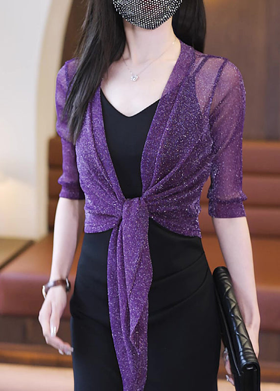 Simple Rose V Neck Lace Up Tulle Cardigans Half Sleeve