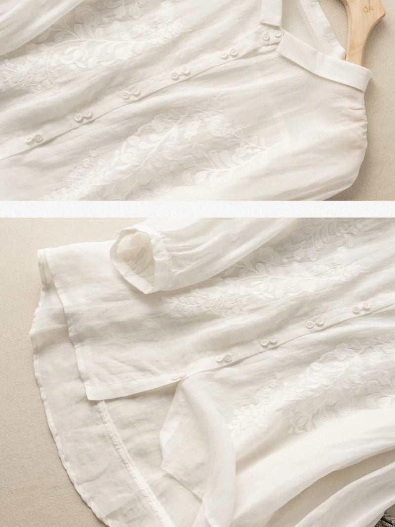 Embroidered 3/4 Sleeve Linen Shirt Top