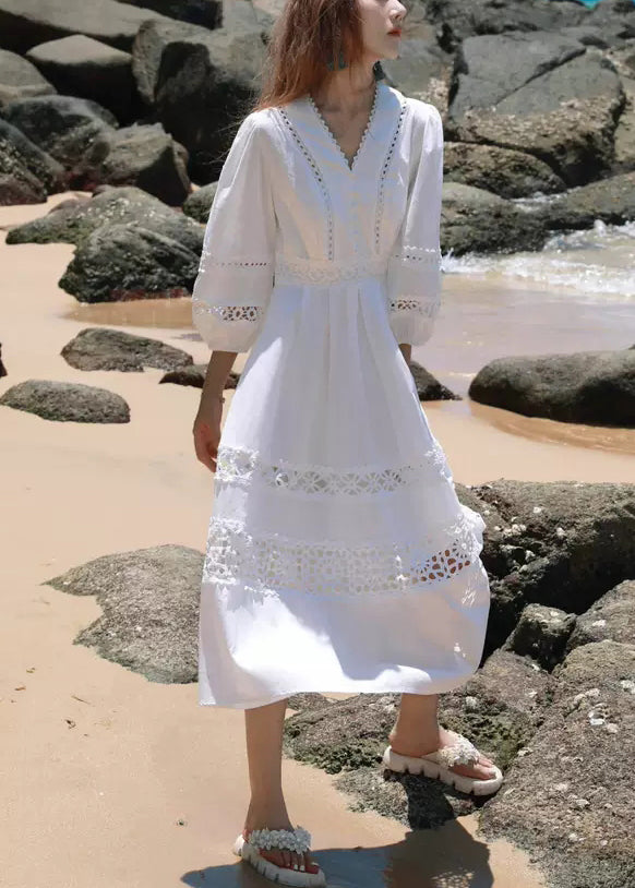 Boutique White Hollow Out Cotton Dress Lantern Sleeve