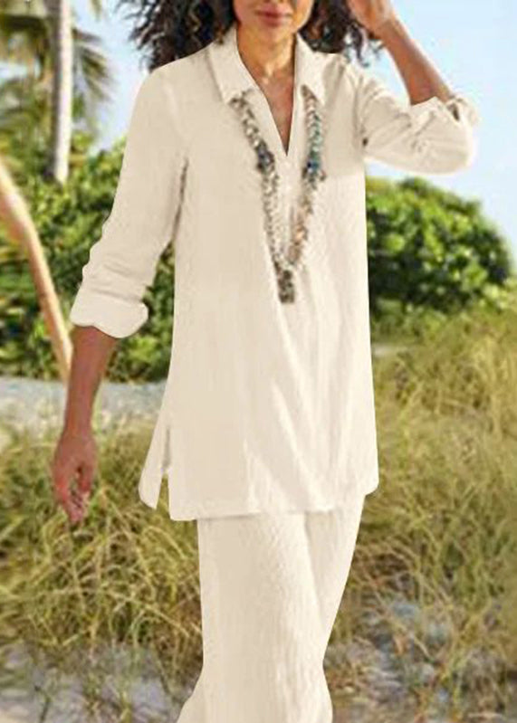 Natural Khaki Peter Pan Collar Shirt and Wide Leg Pants Two Pieces Set Fall