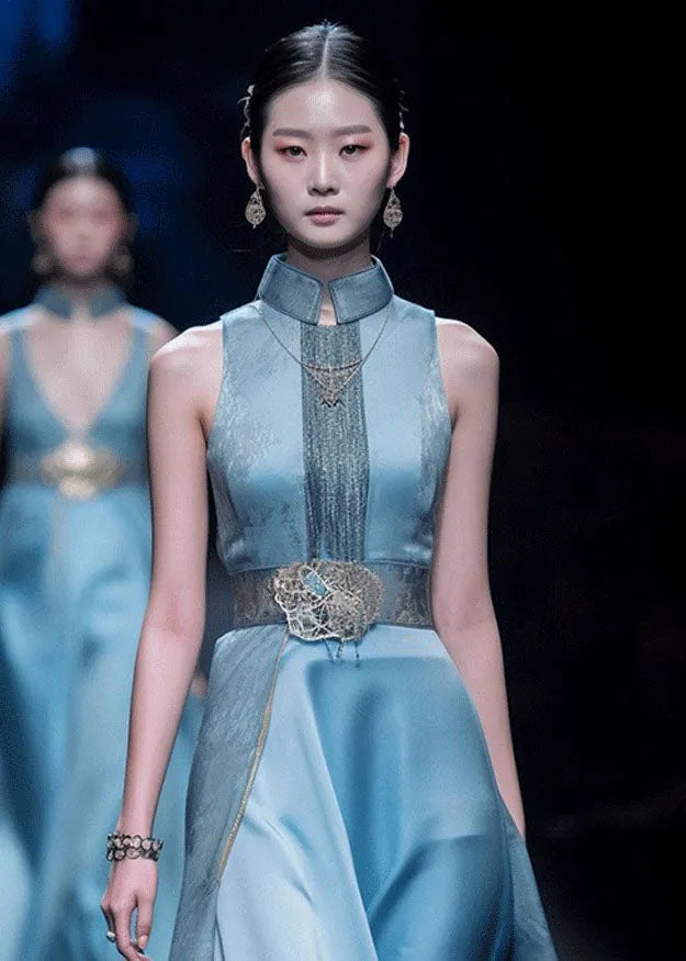 Chinese Style Blue Patchwork Silk Top and Cummerbund Maxi Skirts Sleeveless