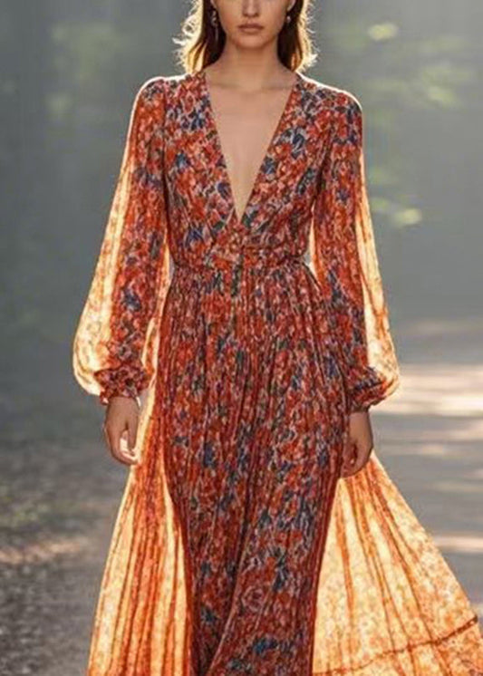 Modern Orange Wrinkled Patchwork Chiffon Long Dress Lantern Sleeve