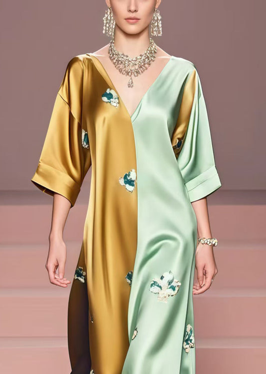 Colorblock Print Patchwork Silk Ankle Dress Summer