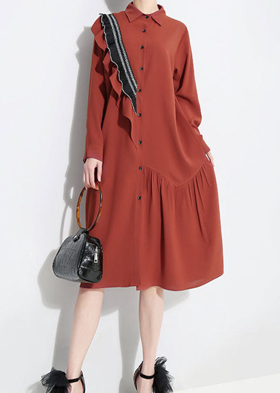 Red Peter Pan Collar Asymmetrical Ruffled Shirt Dress Spring