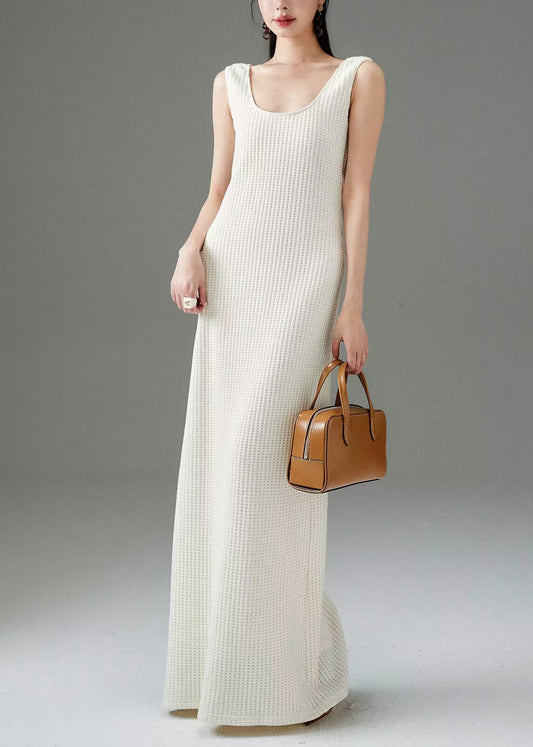 White Plaid Cotton Long Dress Sleeveless