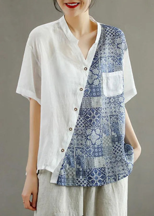 Pink Summer Print Patchwork Ramie Top