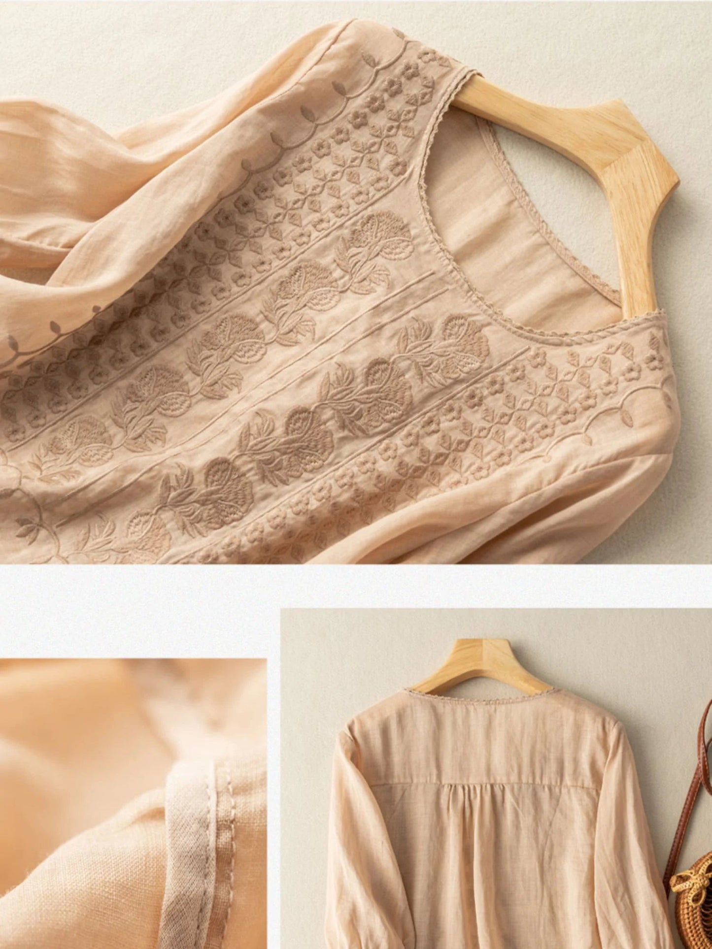 Embroidered Round Neck Half Sleeve Linen Tee Top