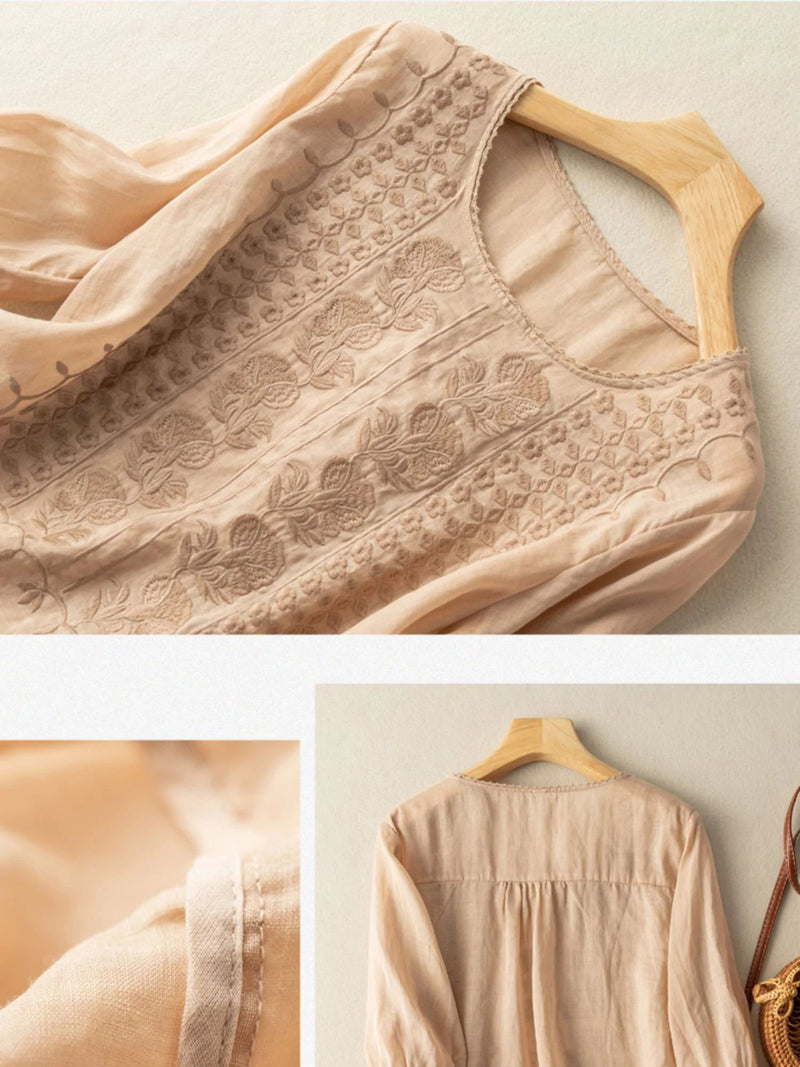 Embroidered Round Neck Half Sleeve Linen Tee Top