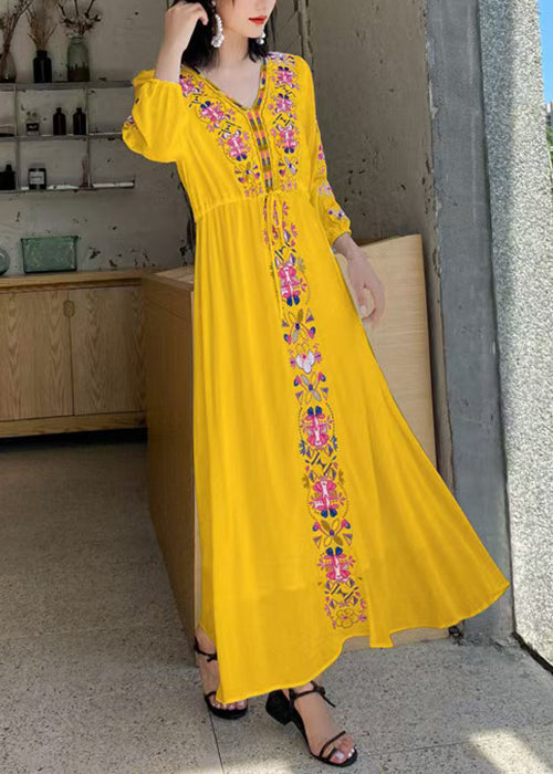 Yellow Embroidered Tie Waist Cotton Vacation Dresses Bracelet Sleeve