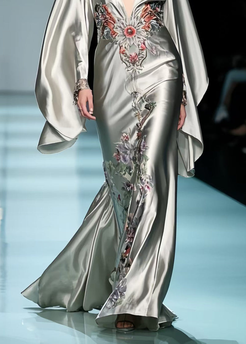 Original Design Grey Deep-v Neck Print Silk Party Dresses Batwing Sleeve