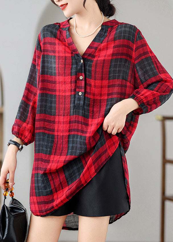 Red V Neck Plaid Linen Mid Dresses Summer