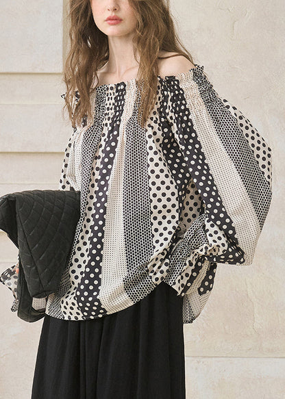 Italian Black Slash Neck Print Cotton Shirts Flare Sleeve