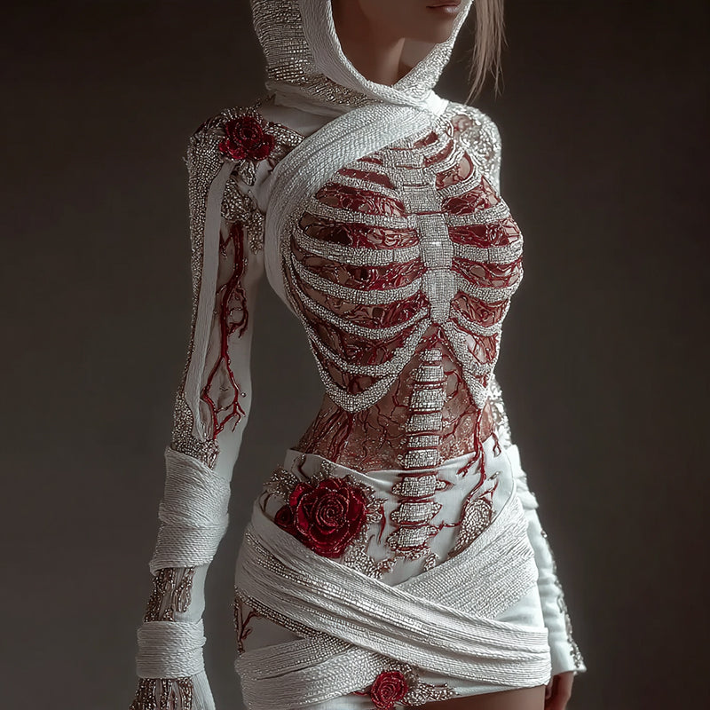 Women's Skeleton Roses Bandages Art Cozy Knit Hooded Mini Sweater Dress artswardrobe