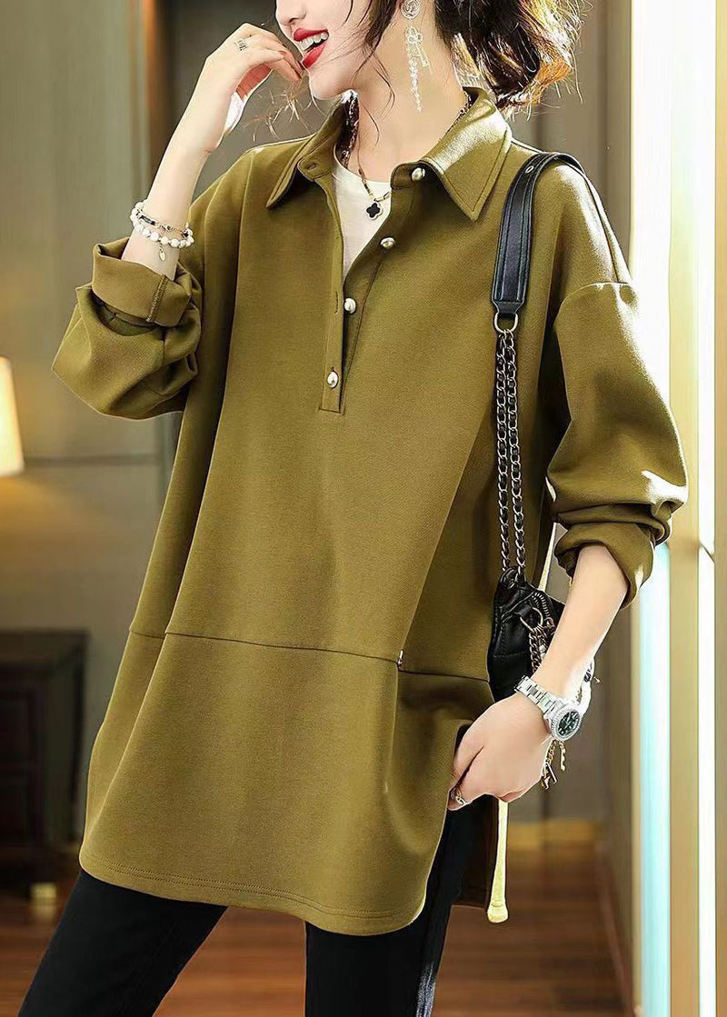 Army Green Peter Pan Collar Patchwork Cotton Shirts Fall