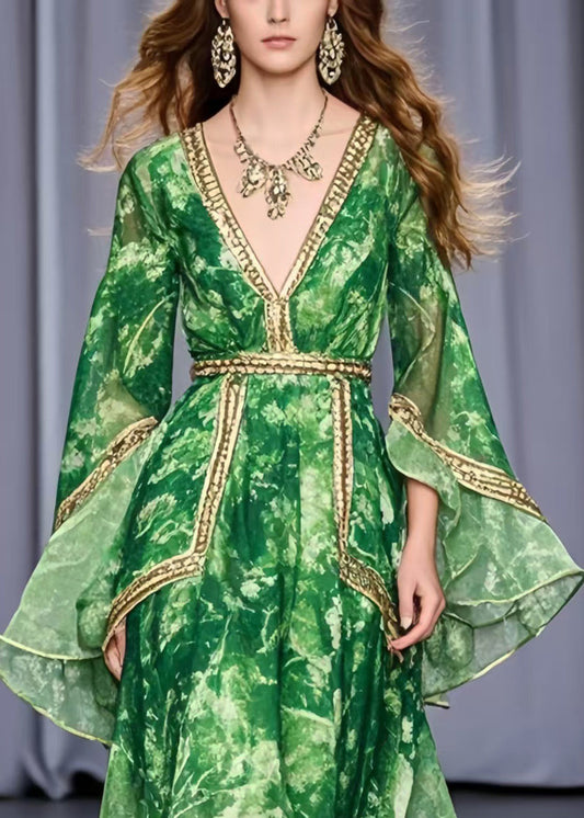 Grass Green Asymmetrical Design Chiffon Holiday Dress Flare Sleeve