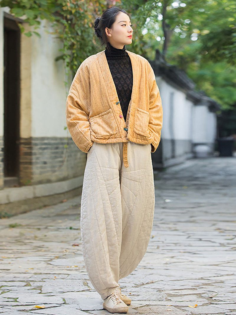 Winter Artsy Worn Button Pocket Linen Coat