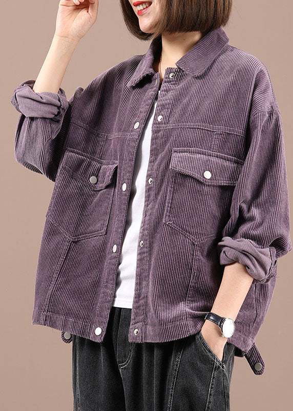 Purple Peter Pan Collar Pockets Button Fall Coat Long Sleeve