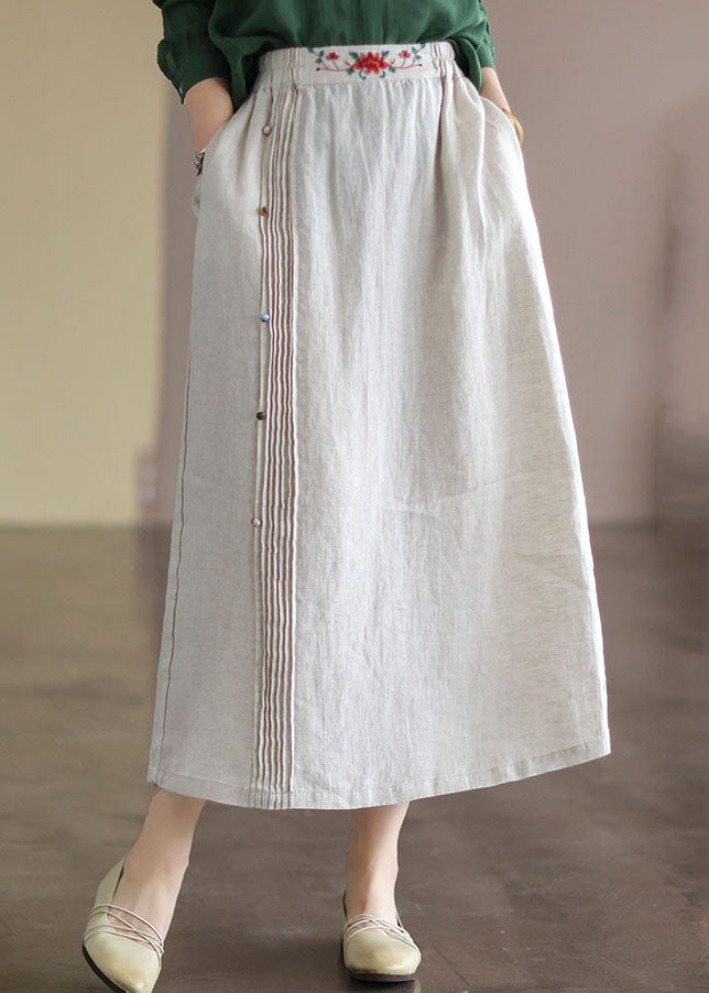 Beige Embroideried Pockets Patchwork Cotton Skirts Summer