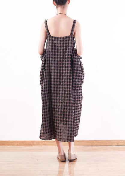 French Gray Plaid Cotton Long Shirts Omychic Design Spaghetti Traveling Summer Dresses
