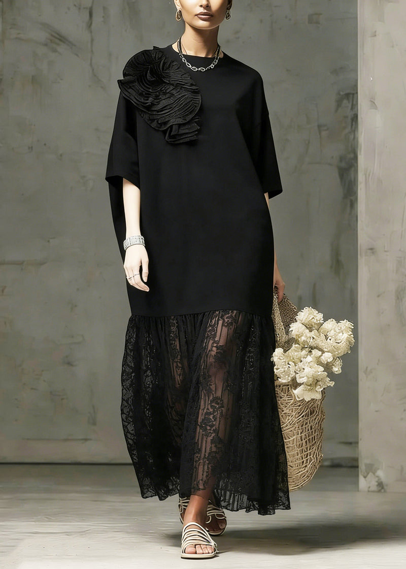 Boutique Black O Neck Lace Patchwork Cotton Dress Summer