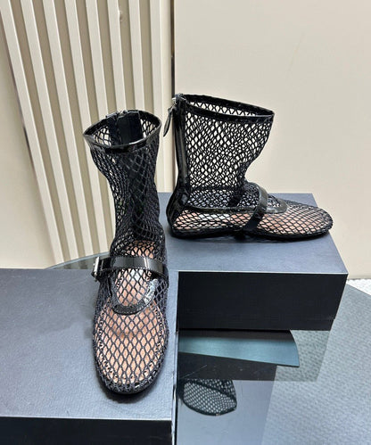 Black Hollow Out Breathable Mesh Splicing Buckle Strap Flat Boots