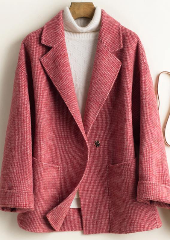 French Notched Pockets Tunic Coat Rose Plaid Daily Outwear