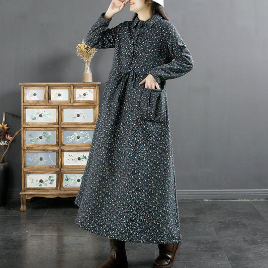 Winter Retro Furred Cotton Linen Dress