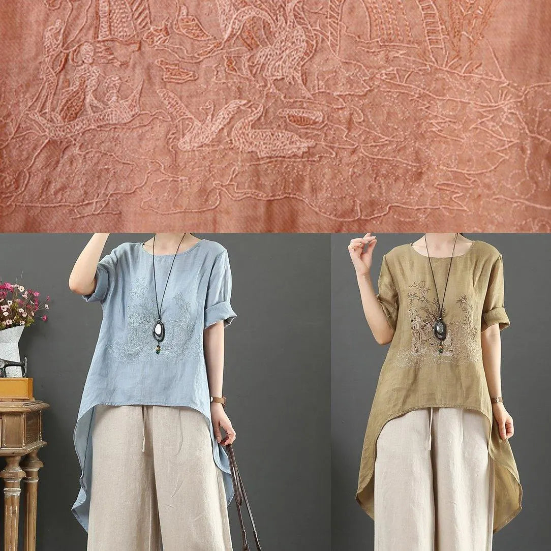 French O Neck Low High Design Cotton Blouse Orange Embroidery Short Shirt