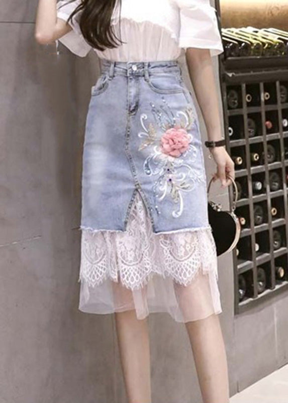 Blue Tulle Patchwork Button Denim Skirt