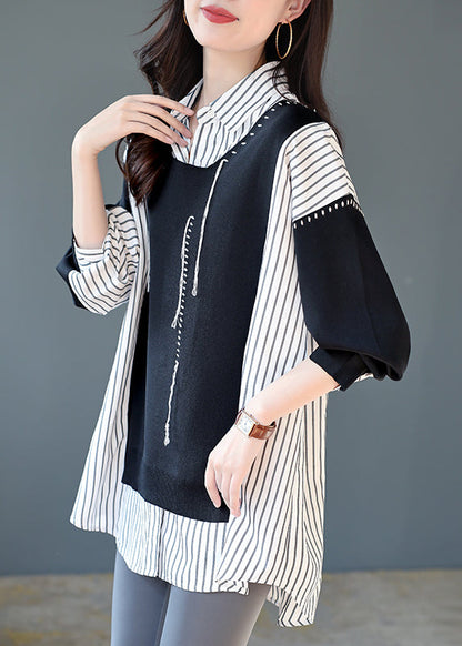 Black Striped Patchwork Low High Design Fake Two Pieces Shirt Long Sleeve
