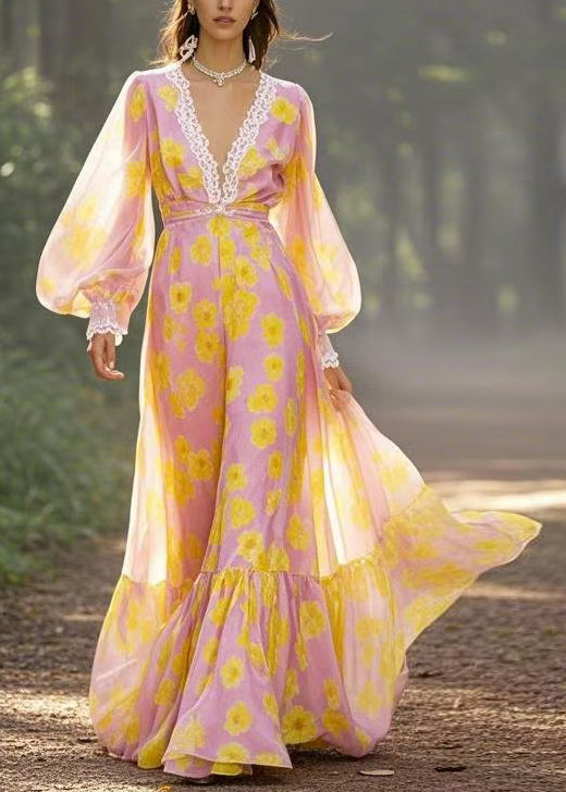 Yellow V Neck Print Chiffon Maxi Dresses Spring