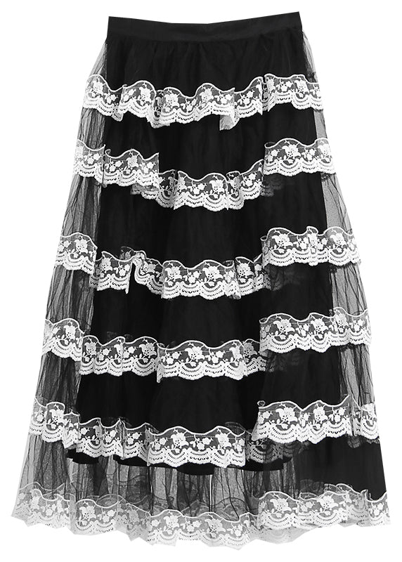 Black Ruffled Patchwork Tulle Skirt Spring