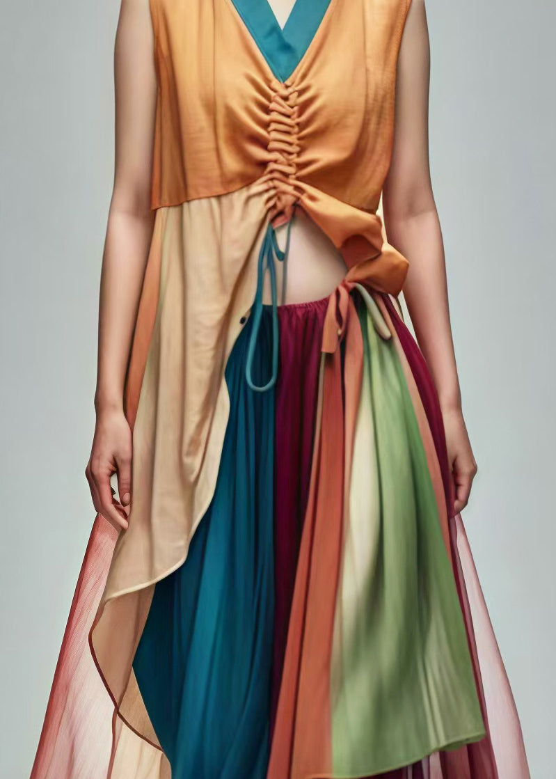 Unique Khaki Cinched Patchwork Cotton Tops and Tulle Skirts Two-piece Set Summer