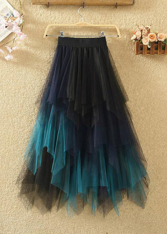 Blue Asymmetrical Elastic Waist Patchwork Tulle Skirts Summer