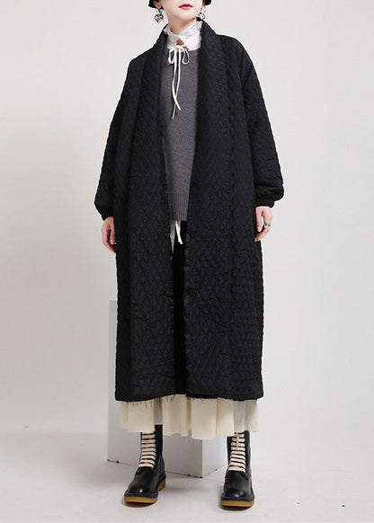 Art Black V Neck Pockets Button Winter Cotton Long Sleeve Coat