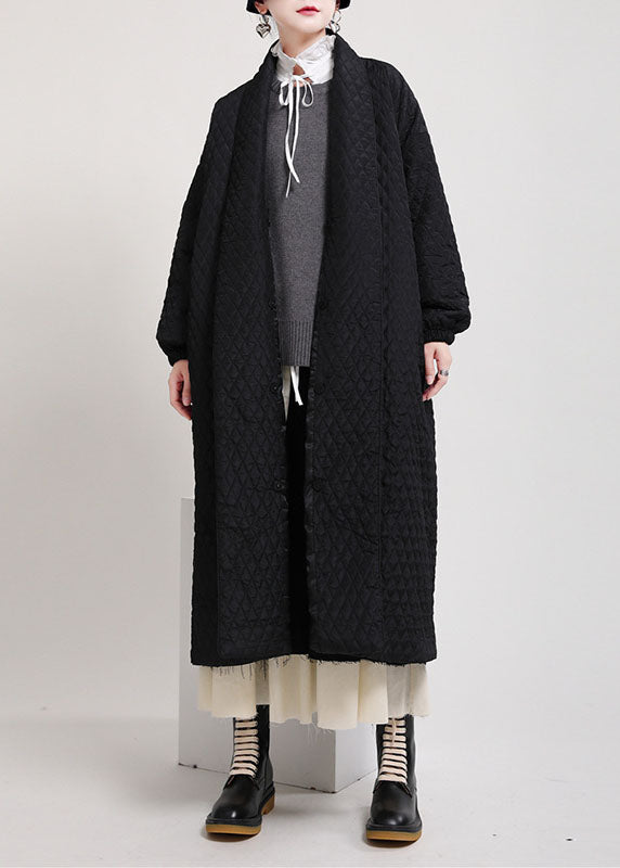 Art Black V Neck Pockets Button Winter Cotton Long Sleeve Coat