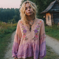 Women's Casual Gradient Purple And Pink Floral Embroidered Linen Long Sleeve Shirt elevenforest