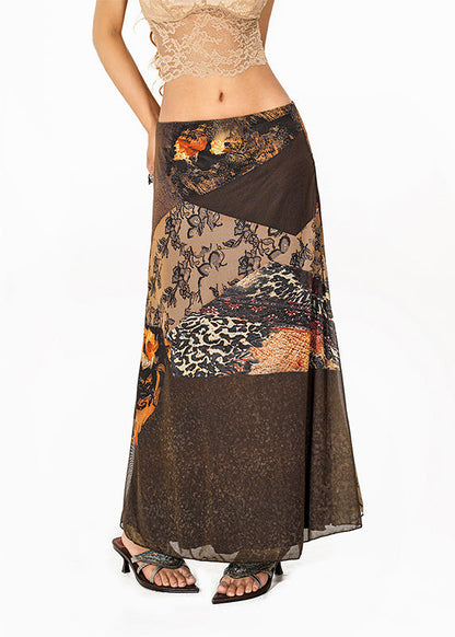 Fine Coffee Print High Waist Tulle a Line Skirt Summer