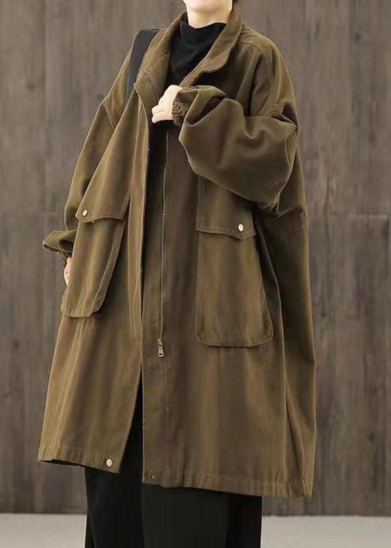 Handmade Coffee Zippered Pockets Patchwork Fall Trench Coats