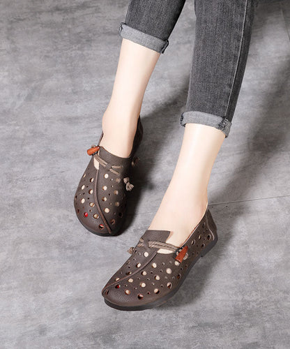 Classy Hollow Out Cowhide Leather Flat Shoes for Buckle Strap Flats