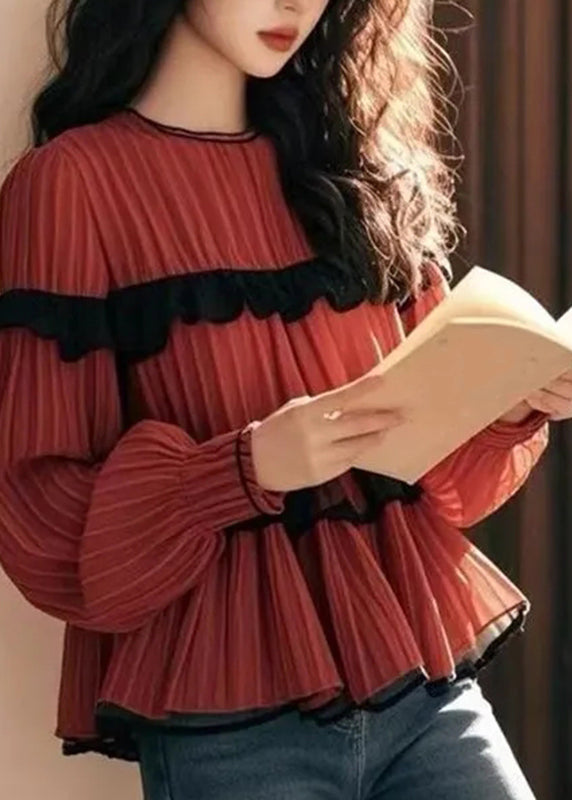 Red Ruffled Patchwork Chiffon Shirts Fall