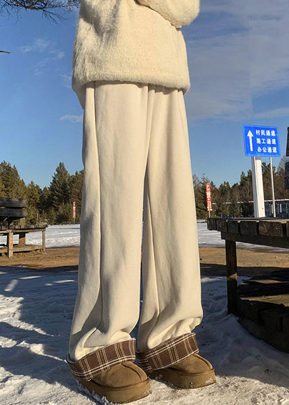 Classy Beige Plaid Elastic Waist Warm Fleece Pants Winter