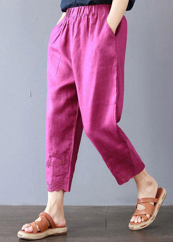 Italian Rose Embroidered Pockets Linen Pants Spring