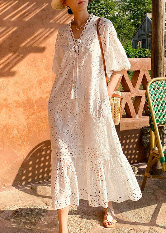 White Embroidered Hollow Out Pockets Cotton Long Dress Puff Sleeve
