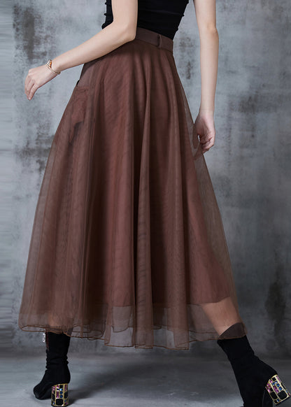 French Brown High Waist Patchwork Tulle Holiday Skirts Spring