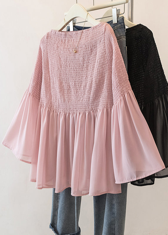 Pink Wrinkled Chiffon Blouse Tops Flare Sleeve